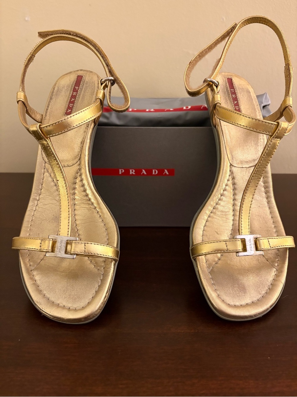 Prada Metallic Gold T-Strap Leather Sandals
